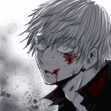 a black and white drawing of a boy with blood on his face