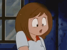a cartoon girl with brown hair is standing in front of a window and making a surprised face .