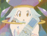 a girl in a purple hat holds a flip phone