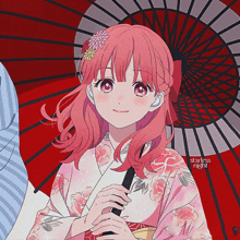 a girl with pink hair is holding an umbrella and the words starless night can be seen in the corner