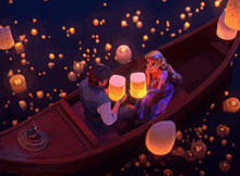 a man and woman in a boat looking up at lanterns in the sky
