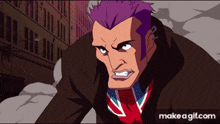 a cartoon character with purple hair and a british flag tie
