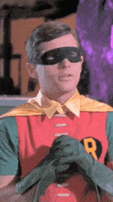 a man in a robin costume is wearing a mask .