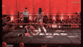 a female wrestler is kneeling down in a wrestling ring with the word vegas on the floor .