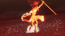 a girl with red hair is holding a torch in her hand