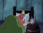 a cartoon character is sleeping in a bed next to an alarm clock that says 4:20
