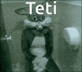 a person in a bunny costume is sitting on a toilet with the word teti above them