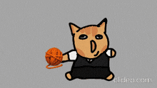 a cartoon cat is holding an orange ball of yarn in its mouth
