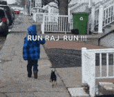 a child walking a dog down a sidewalk with the words run raj run written on the bottom
