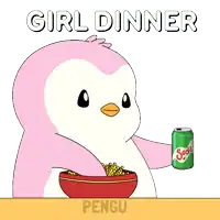 a cartoon of a penguin eating french fries and drinking soda