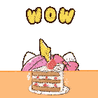 a cartoon of a unicorn eating a cake with the word wow written above it