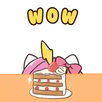a cartoon of a unicorn eating a cake with the word wow written above it