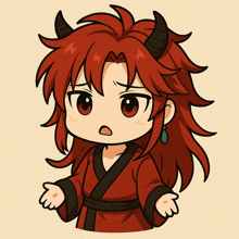 a cartoon character with red hair and horns looks confused