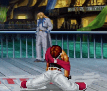 a pixel art of a man kneeling down in front of a building that says operation