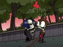 a couple of cartoon characters standing next to each other on a sidewalk