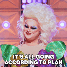 a picture of a drag queen with the words it 's all going according to plan below her