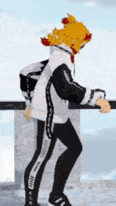 a person wearing a white and black jacket and black pants with a white stripe on the side that says ' samurai '