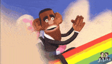 a cartoon of obama riding a rainbow with jib jab