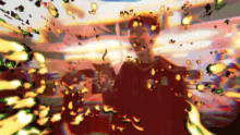 a man in a red shirt is surrounded by a bunch of flames