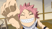 a cartoon character with pink hair and white teeth