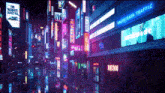 a neon sign is lit up in the middle of a city