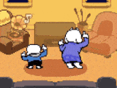 a pixel art of two cartoon characters dancing in a living room .