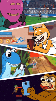 a collage of cartoon characters using their phones including a dinosaur and a dog