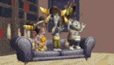 three cartoon characters are standing on a couch in a living room