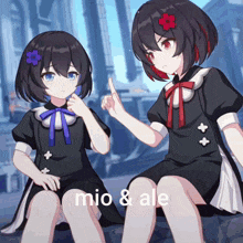 two anime girls are sitting next to each other with the words mio & ale written on the bottom