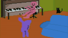 a pixel art of a person playing a piano with a black cat in the background