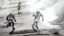 a black and white drawing of three naked men running .