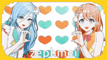 two anime girls are standing next to each other with the name zephmei written on the bottom