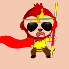 a cartoon of a monkey with sunglasses and a banana on his head holding a pole