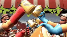 a group of cartoon characters are toasting with beer mugs in front of a sign that says ' n'b '