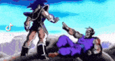 a cartoon of a man standing next to another man on a rock .