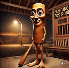 a cartoon character is holding a baseball bat in front of a sign that says " pentong pos rong "
