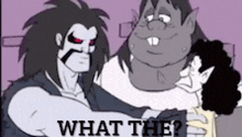 a cartoon of a man holding another man with the words what the written on the bottom