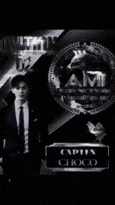 a man in a suit and tie stands in front of a sign that says captian choco