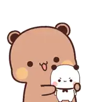 a cartoon bear is holding a small white animal in its mouth .