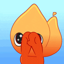 a cartoon drawing of a flame covering its face with a fist