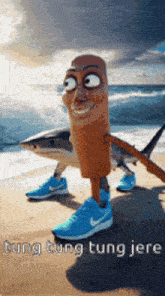 a cartoon character is standing on a beach next to a shark ..