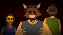 a group of people wearing masks including a raccoon and a duck