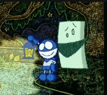 a cartoon character holding a lantern next to a cartoon character with a sad face