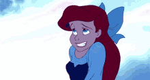 ariel from the little mermaid is wearing a blue dress and a blue bow in her hair .