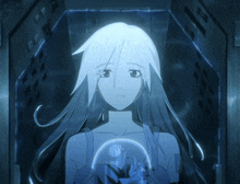a girl with long white hair is holding a sphere with flowers inside of it