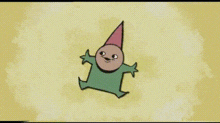a cartoon of a gnome wearing a pink hat and a green outfit is standing on a yellow background .