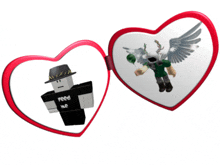 two heart shaped mirrors with a roblox character on one and a picture of a man with wings on the other