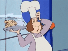 a cartoon chef is holding a tray of food in his hand