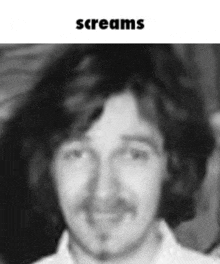 a black and white photo of a man with long hair and a beard with the words `` screams '' above him .
