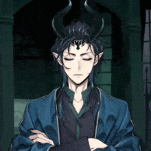 a man with horns on his head is standing with his arms crossed